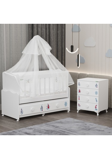 Elegant Mdf Çıtalı Beşik + Şifonyer Yatak Uykuseti - Denizci Beyaz