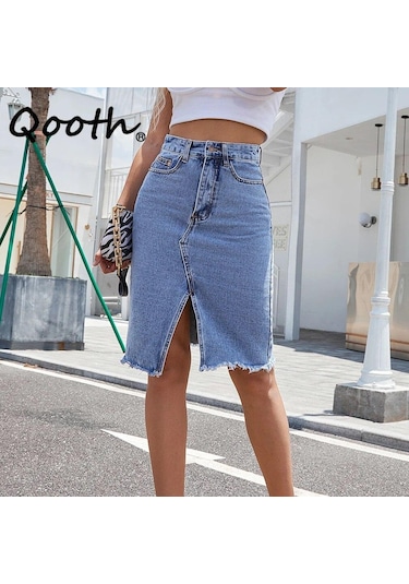 Qooth Kadın Casual Denim Kalem Etek Ins Cool Girl Midi Bölünmüş Hip Etek Qt2271 Mavi