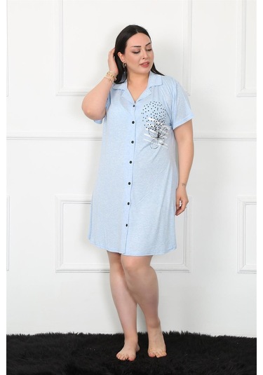 Akbeniz Büyük Beden Penye Düğmeli Mavi Tunik Gecelik 1025-mavi Mavi