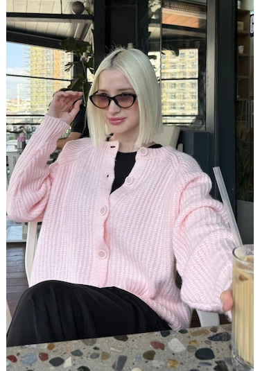 Madmext Pembe Bisiklet Yaka Selanik Örgü Düğmeli Kadın Hırka Mg2487 Pembe