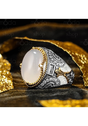 925 Ayar Gümüş Beyaz Akik Taşlı Mineli Erkek Yüzük Gümüş