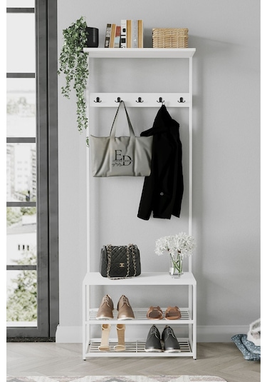 Ruby Vestiyer , Portmanto , Askılık , 3 Raflı Ayakkabılık , Beyaz Metal - Beyaz Tabla