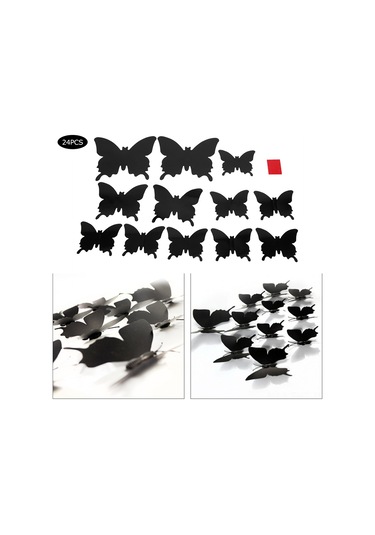 Hangfox 24 Adet Siyah 3d立体 Kelebek Duvar Sticker - Pvc Materyal - Dıy Dekorasyon - Oturma Odası, Yatak Odası İçin Zenginleştirici Diğer