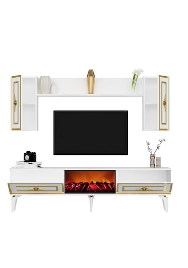 Violla Şömineli Tv Ünitesi Takımı Beyaz-altın