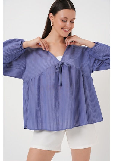 Kadın Önü Bağcıklı Uzun Kol Bluz 946 - İndigo Indigo