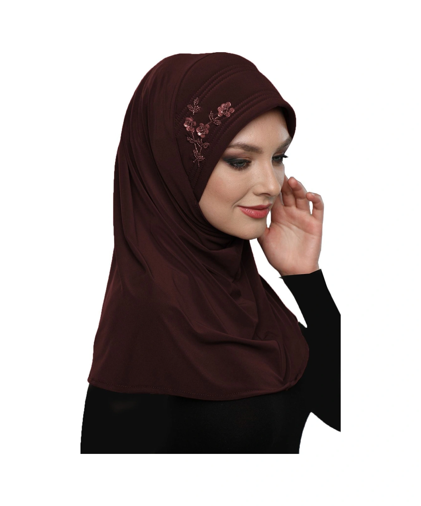 Takmatik Taşlı El Işi Boncuk Işlemeli Kahve Hazır Türban Tesettür Bone Namaz Örtüsü Kahve