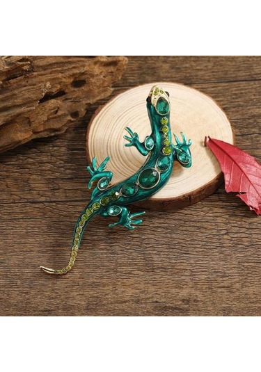 Yeşil Vintage Sürüngen Şekilli Broş Zarif Sahte Kristal Pin Hayvan Şekli Erkek Giysileri Rozeti Moda Aksesuarları Yeşil