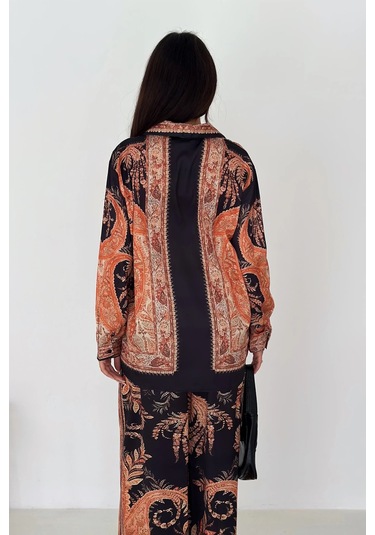 Saten Kumaş Desenli Alt-üst Takım Kahverengi