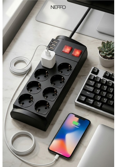 3 Usb Akım Ve Çocuk Korumalı 8li Priz 2mt 0 - 2 M