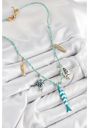 Seramik Motifli Balık Figürlü Model Mavi İp Kadın Kolye Çok Renkli