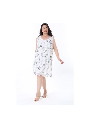 Kadın Büyük Beden Kemik Şifon Kumaş Volan Detaylı Astarlı Kat Kat Elbise 65n38197-kemik Kemik