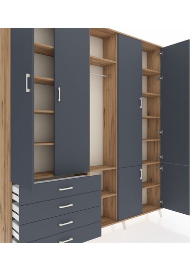 Arges Dolap 14 Raflı 4 Çekmeceli Tek Askılı 220x30x243 Çam-antrasit/antrasit Antrasıt/antrasıt