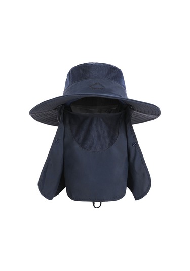 Çıkarılabilir Boyun Koruyucu Ve Yüz Siperli Geniş Kenarlı Güneşlikli Şapka Mavi