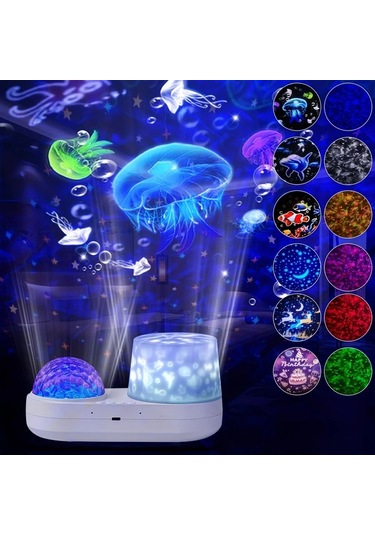 Honeybeeshop 6 In 1 Projeksiyon 1 Adet Yıldız Led Gece Lambası Projeksiyonu 3-12 Yaş Kız Erkek Çocuk Hediye Yatak Odası Dekor Mavi Noel İçin Ideal 16renk Şarj Edilebilir