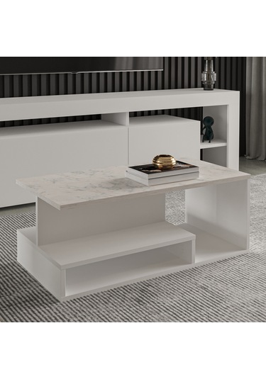 Vera Mini Orta Sehpa Modern Tasarım, Fonksiyonel Raflı Yap Beyaz/beyaz Mermer
