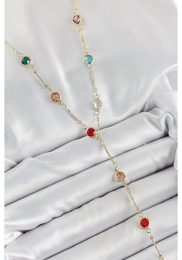 Pirinç Asorti Model Gold Renk Zirkon Taşlı Y Kolye Çok Renkli