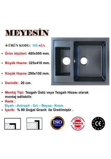 Meyesin ME-62A Granit 1.5 Göz Mutfak Evye Antrasit 485 x 595 MM