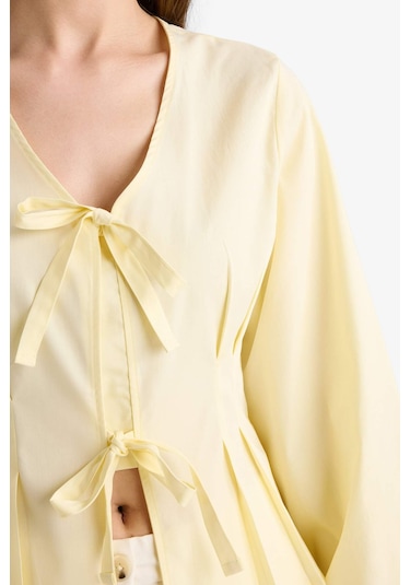 Defacto Fitted V Yaka Önden Bağlamalı Poplin Uzun Kollu Bluz G2178ax25wnyl509 Sari