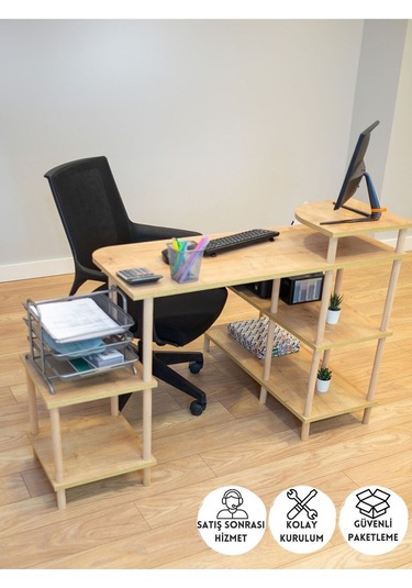 Çalışma Masası 5 Raflı Ahşap Ayaklı Dekoratif Modern Bilgisayar Ofis Masası - Safir Meşe-köşe Çalışma Masası 5 Raflı Ahşap Ayaklı Dekoratif Modern Bilgisayar Ofis Masası - Safir Meşe-köşe