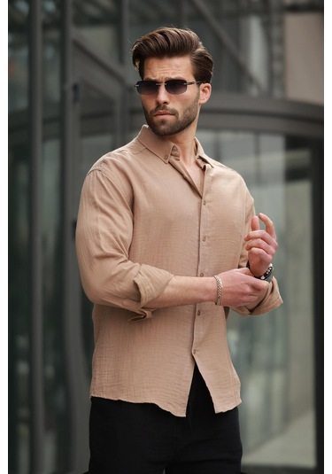 Madmext Camel Basic %100 Pamuklu Uzun Kollu Erkek Gömlek E6761 Camel