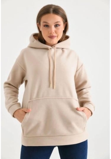 Lovie Moda Kadın Kapşonlu Sweatshirt Bej