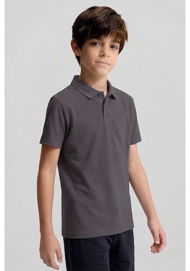 Tommy Life Koyu Gri Polo Yaka Standart Fit Basic Unisex T-shirt - 11330