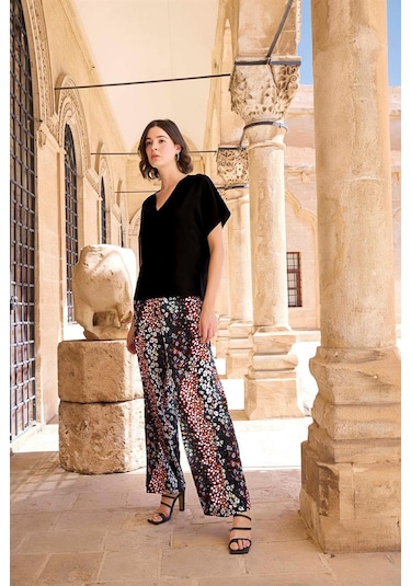 Monamise Kadın Çiçek Desenli Kısa Kollu Alt Üst Takım 23059-siyah Siyah