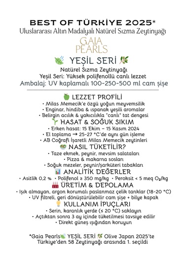 Gaia Pearls İkili Gurme Set 250 Ml X2 Avrupa Birliği Coğrafi İşaretli Milas Memecik Erken Hasat Soğuk Sıkım Zeytinyağı