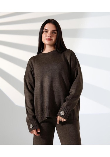 Rahat Kalıp Kol Detaylı Triko Takım Kahverengi