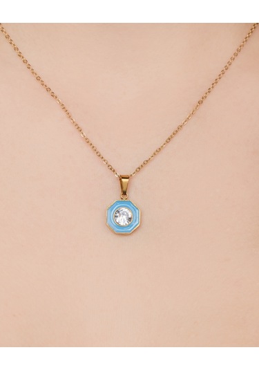 Lekka Design Kadın Kararmaz Çelik Takı Zirkon Taşlı Mavi Mineli Kolye