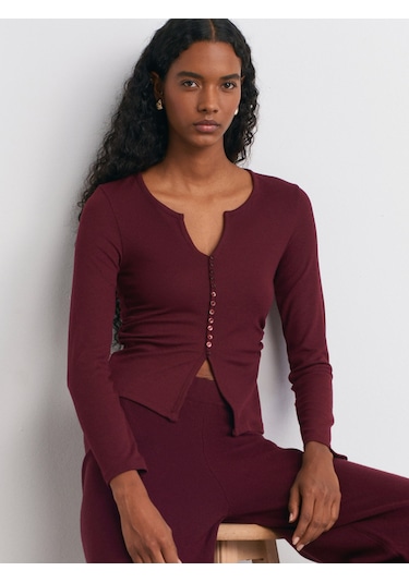 Dilvin 31548 Düğme Detaylı Büzgülü Top-koyu Bordo Koyu Bordo