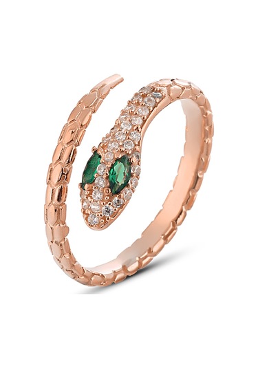 Zanaatsilver 925 Ayar Gümüş Rose Kaplama Yeşil Gözlü Yılan Modeli Yüzük