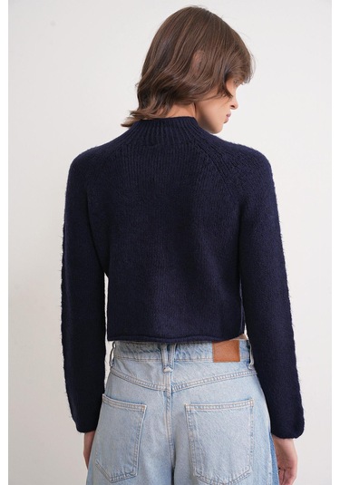 6855 Kadın Dik Yaka Saç Örgülü Triko Kazak Lacivert Lacivert