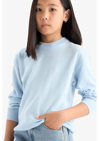 Defacto Kız Çocuk Standart Fit Bisiklet Yaka Triko Kazak C6902a825aube366 Mavi