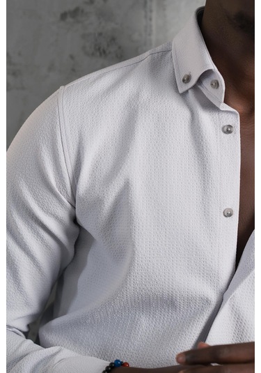 Advante Armürlü Likralı Yaka Düğmeli Slimfit Yazlık Gofre Kumaş Gömlek Gri