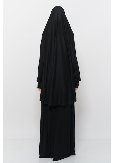 Pratik 2 Parça Pamuklu Yarasa Kollu Başörtülü Tesettür Namaz Elbisesi Siyah Antrasit