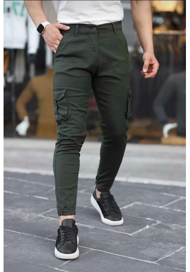 Erkek Körüklü Cep Ve Paça Ribana Detaylı Haki Keten Kargo Pantolon Haki