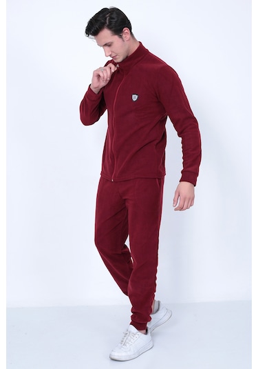Lukitus Tam Fermuarlı Polar Erkek Eşofman Takımı Bordo