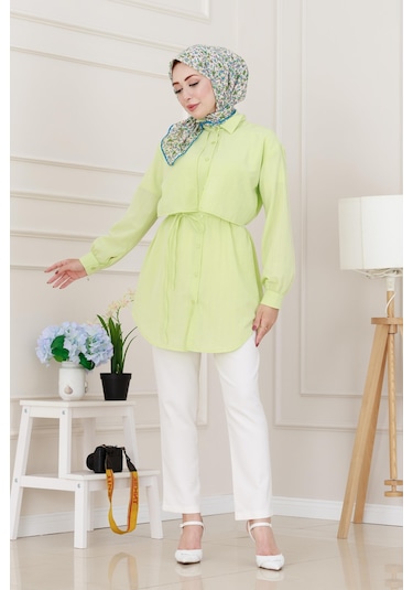 Sevitli Beli Bağcıklı Allerli Taşlı Tunik-sarı-5223 Sarı