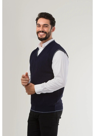 Kamalı Lacivert Erkek V Yaka Triko Örgü Tüylenmez Süveter Regular Fit Saç Örgü Desenli Lacivert