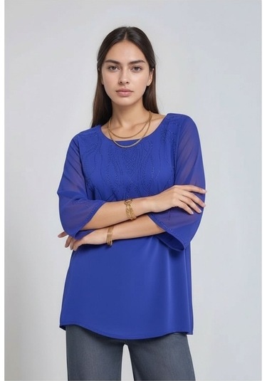 Kadın Asimetrik Kesim Şifon Curve Büyük Beden Viskon Spor Şık Bluz Saks