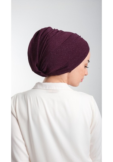 Mürdüm Pratik Hazır Geçmeli Tesettür Bone Fukuro Simli Büzgülü 2116 07 Mürdüm