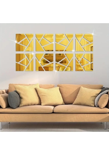 Geometrik Desenli Pleksi Ayna 30x30cm 4 Adet - Gold Gold