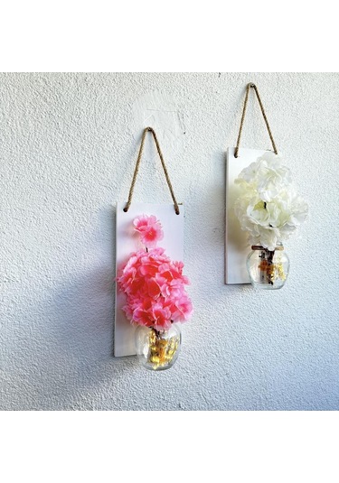Led Işıklı, Pembe Ve Beyaz Bahardalı Çiçekli Duvar Dekoru Beyaz İkili Set Beyaz