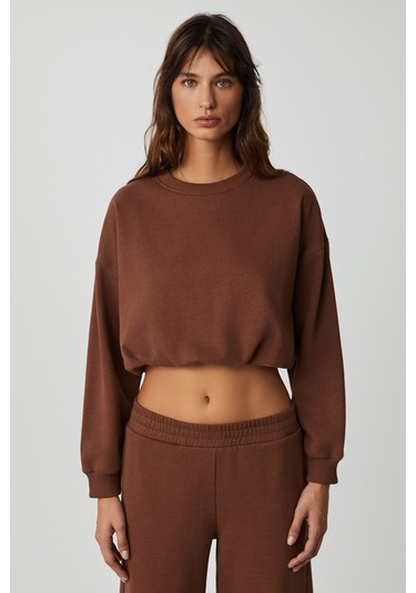 Dewanna  Kadın Uzun Kollu Crop Acı Kahve Eşofman Takımı