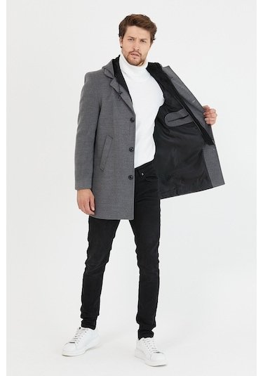 Erkek Gri Yün Karışımlı Kaşe Kapüşonlu Önü Fermuarlı Kaban-Gri