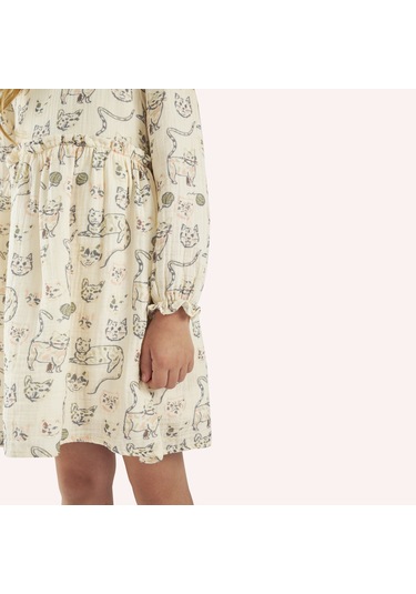 Kız Çocuk Kedi Desenli Müslin Elbise 2421gk26002-4665 001