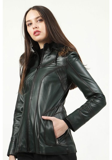 Dericlub Mistral Kadın Kapüşonlu Hakiki Deri Kaban Yeşil Yeşil