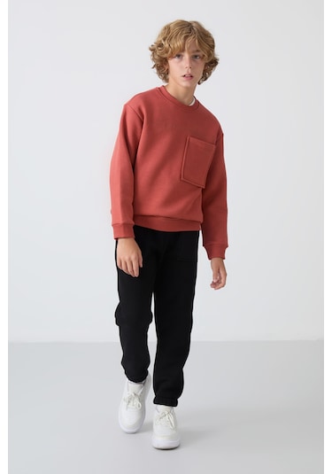 Tommy Life Kiremit-siyah Pamuklu Kalın İçi Tüylü Yumuşak Dokulu Standart Fit Baskılı Erkek Çocuk Eşofman Takım Kiremit