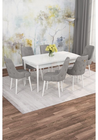 Mona Beyaz 80x132 Açılabilir Mdf Masa Yemek Odası Takımı, Mutfak Takımı 6 Adet Sandalye Beyaz Masa - 6 Gri - Beyaz Ayak
